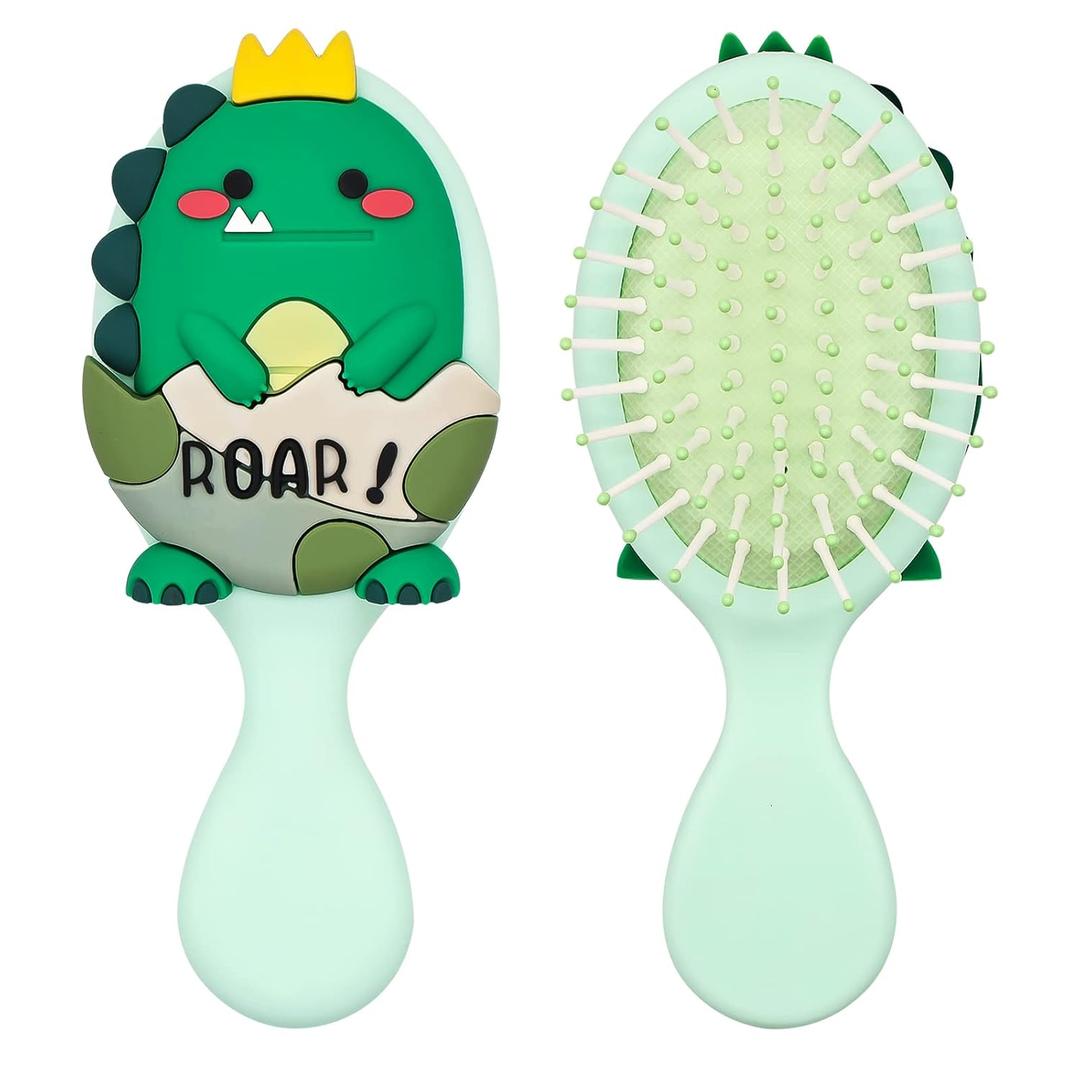Toddler Hair Brush - Mini Hair Brush for Kids - Travel Brush for Boys and Girls - Baby Detangler Brush for Thin Hair - Dinosaur Brushes with Air Cushion - Green