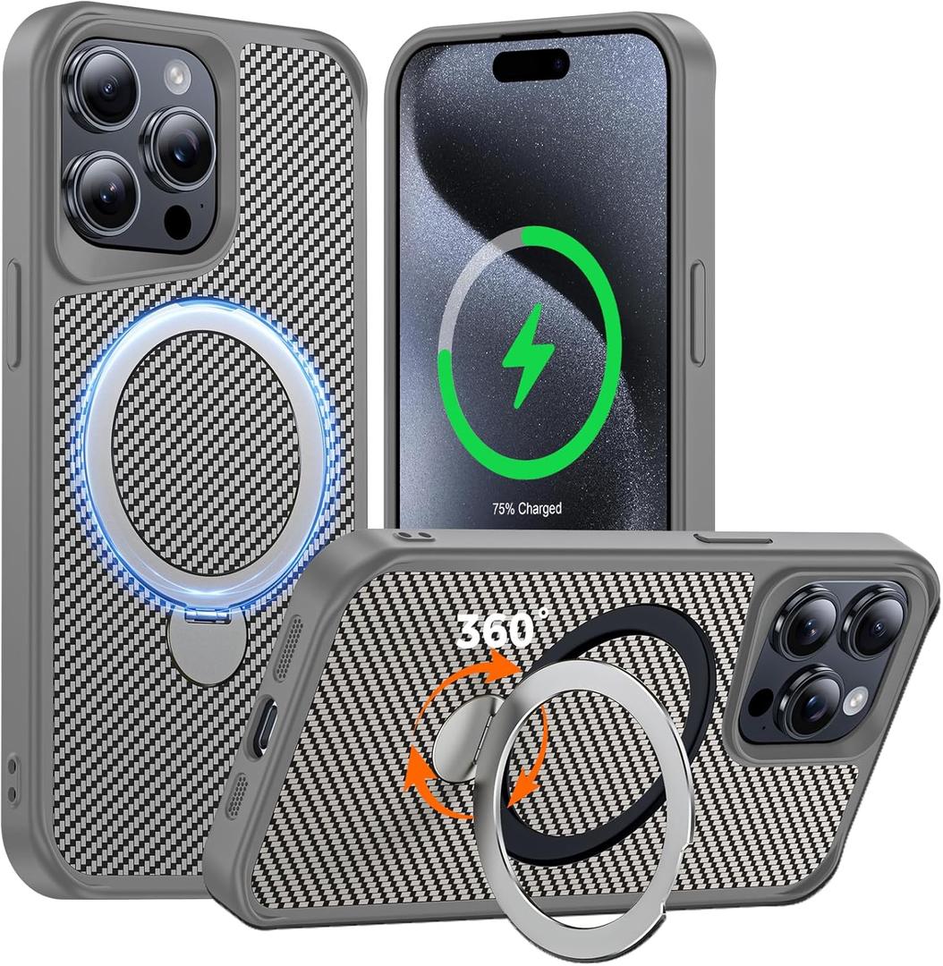 FlyReal Designed for iPhone 15 Pro Max Case with 360° Magnetic Stand, Carbon Fiber Phone Case [Compatible with Magsafe] [16FT Military Protection] with Stand Ring 6.7'', Natural Titanium