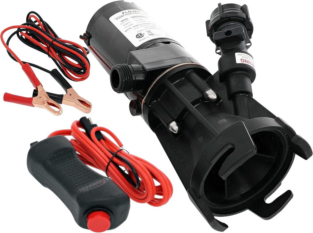Flojet Macerator Pump 18555-000A - 12V DC Waste Pump for Camper/RV - Empties 40-Gal Tank in 5 Mins - 9 GPM Output - 3/4" Garden Hose Connection - Stainless Steel Grinder, Self-Priming, Remote Switch