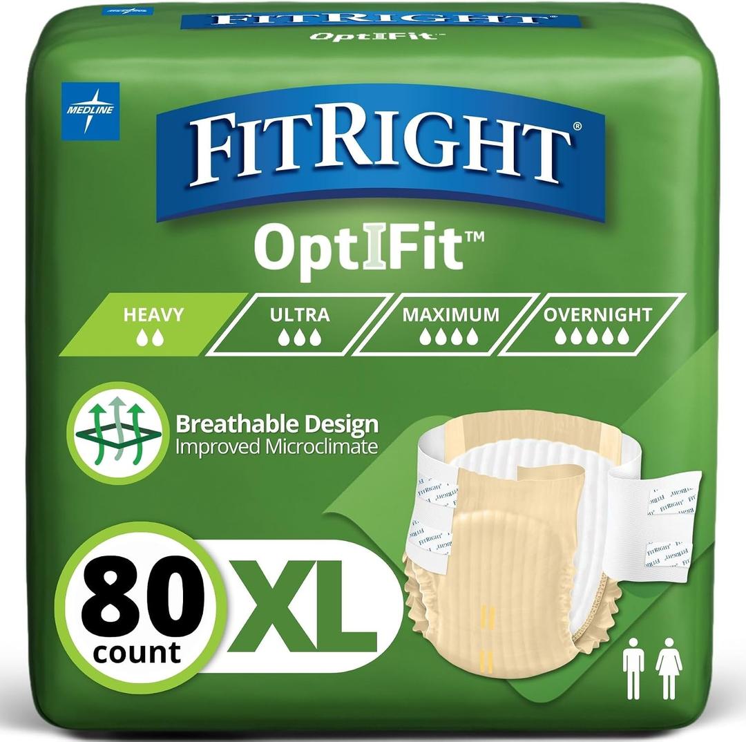 FitRight Adult Diapers, Extra Heavy Absorbency, XL (Waist Size 56in-64in), 80 Count, OptiFit Incontinence Briefs for Men and Women, Disposable, Moisture Wicking, Leak Protection,
