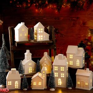 Leitee 22 Pcs Ceramic Christmas Village Set with Light Include 9 Lighted Village Houses 13 Christmas Trees for Xmas Scene Decor Winter Holiday Party Figurine Tabletop Decoration(White Roof)