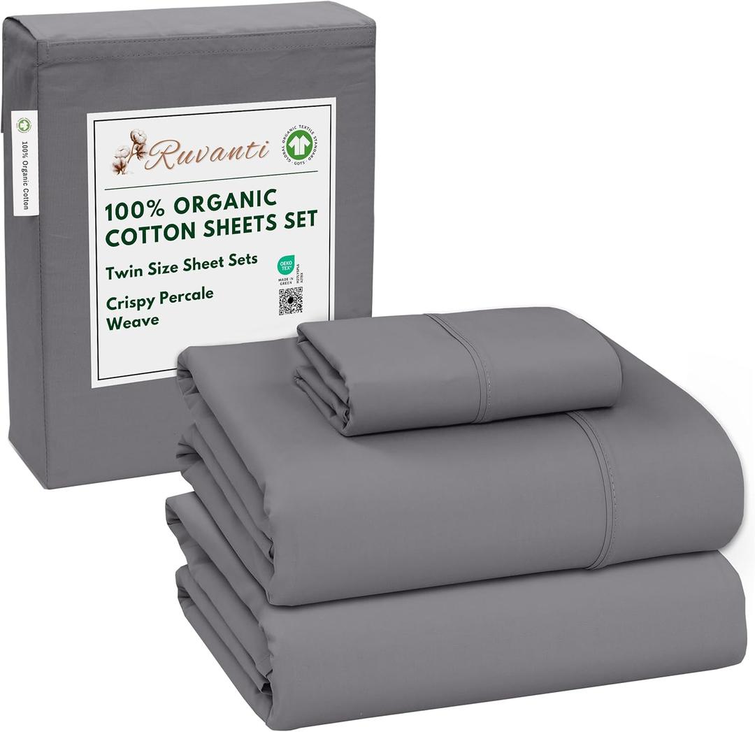 RUVANTI 100% Organic Cotton Sheets Twin Size, Percale Weave, GOTS Certified, 3-Piece Set, Deep Pocket 15", Crisp & Breathable, Soft Durable Bedding, Sbanas Algodn Orgnico  Silver Filigree