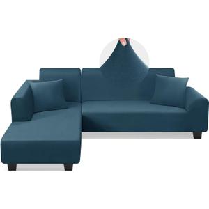 KinCam Sectional Couch Covers L Shape Sofa Covers Super Stretch 2pcs Sofa Slipcovers for 3 + 3 Seaters Sectional Chaise Slipcover with 2pcs Pillow Covers for Pets Kids, Peacock Blue