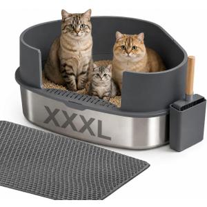 Gimars XXXL Stainless Steel Litter Box with Lid, 26.6" L x 20.3" W x 11.8" H Triangle Corner Metal Litter Box for Big Cats, Space-Saving Side Entry, High Sides, Easy to Clean