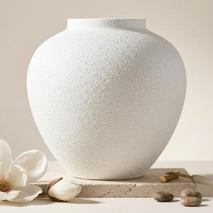 Flower Vase for Home Decor, 11.4" Large Decorative Metal Vase for Pampas Grass, Modern Rustic Textured Iron Vase Centerpiece for Modern Farmhouse Table Living Room Entryway, Textured White