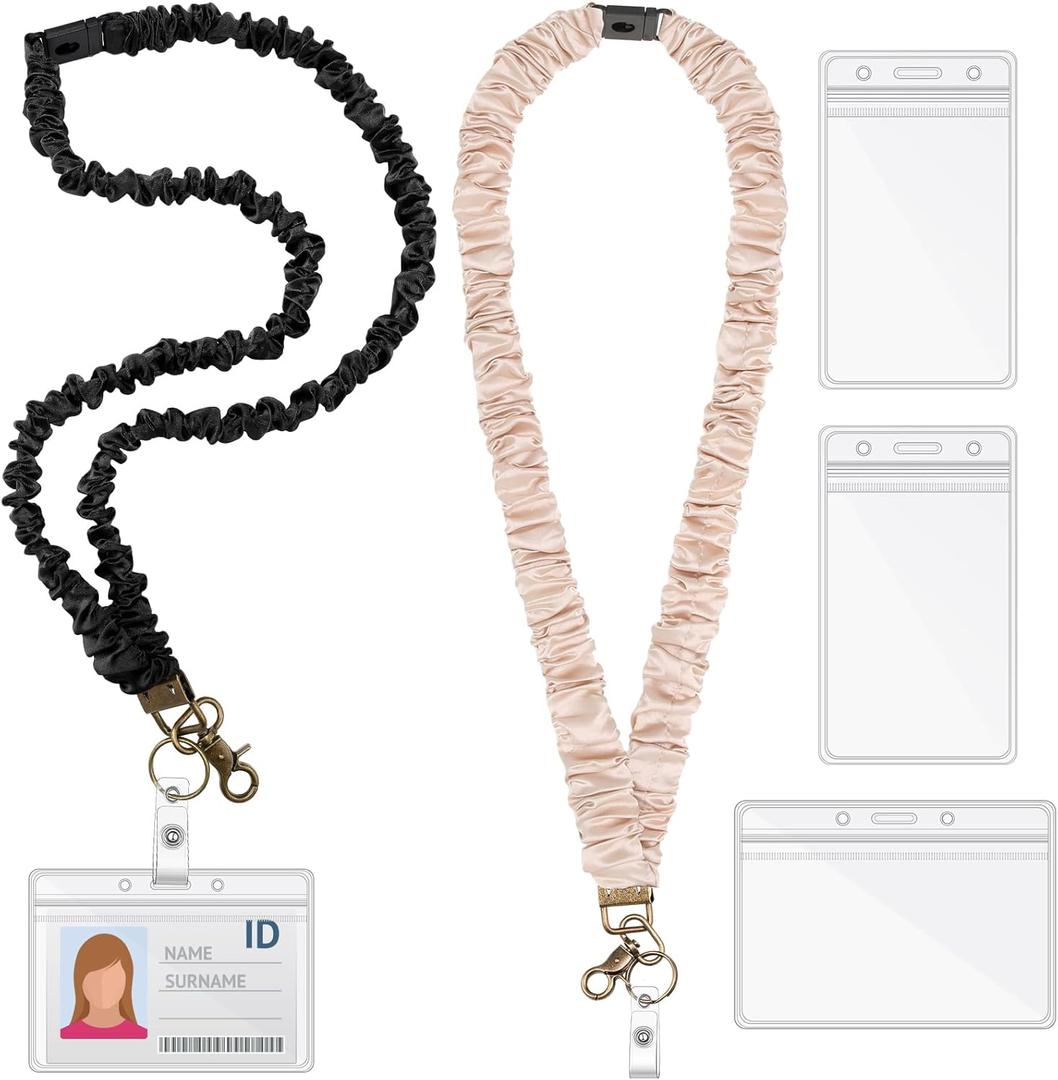 2 Set Teacher Scrunchie Lanyard with Safety Breakaway Buckle ID Badges Holder Retractable Lanyard for Office Teacher Gift(Pure Color Style,Black Beige)