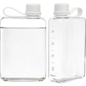 2 Pack Portable Flat Water Bottle, 17 Oz BPA Free Plastic Drinking Bottles for Travel, Leakproof Slim Flask for Outdoor Sports Fitness Camping, Fits Purse Pocket