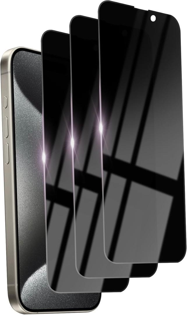 3 Pack Privacy Screen Protector for iPhone 15 Pro Max Tempered Glass 6.7inch Private Saver Anti-Spy Eye Protection Anti-Scratch Full Coverage (Black)