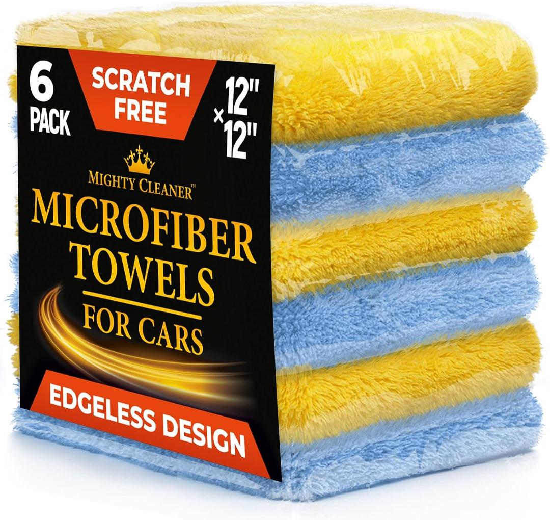 Edgeless Microfiber Towels for Cars  6pk (12x12) - 540 GSM - Super Soft Detailing & Buffing  Scratch-Free & Absorbent Microfiber Cleaning Cloths for Car Polishing (Blue and Yellow)