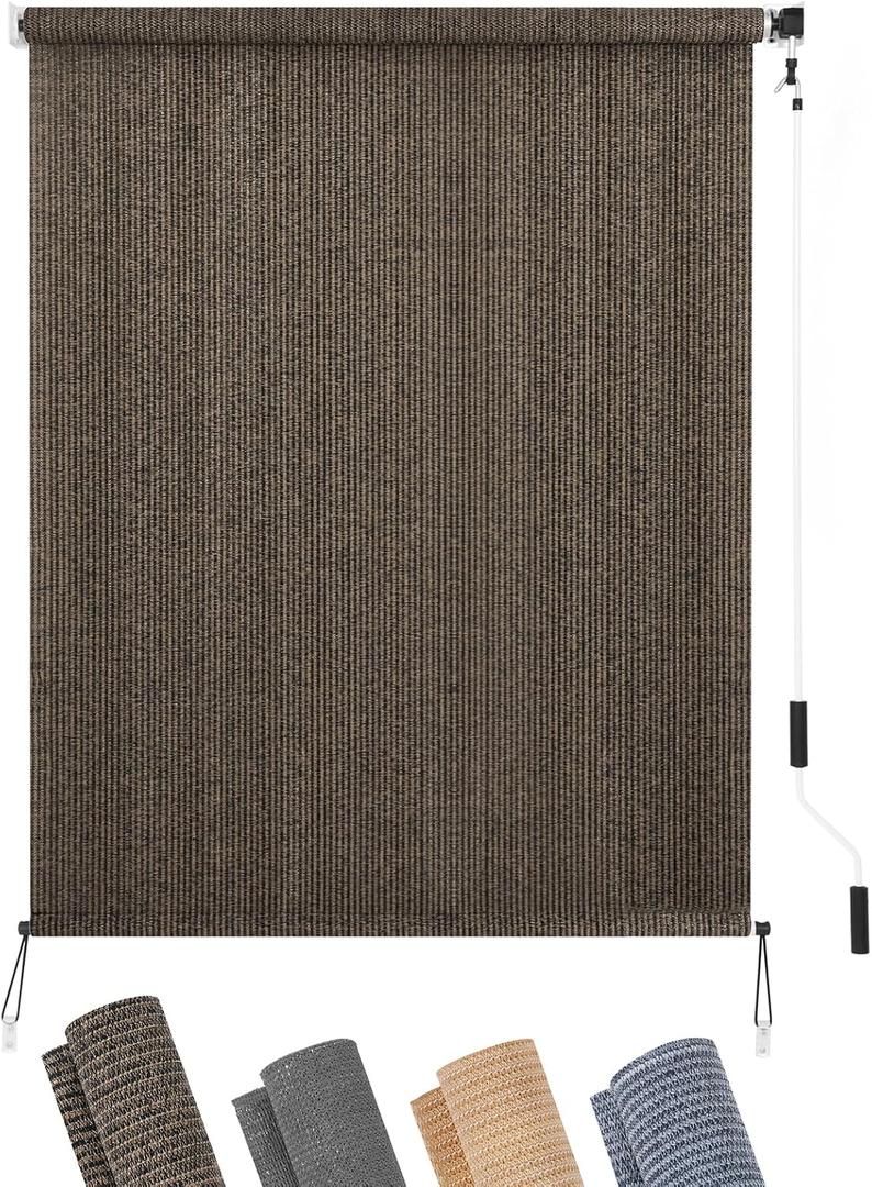 KELIXU Patio Shades Roll Up Outdoor Blind, 4' W x 8' H Cordless Sun Shade Privacy Screen with 90% UV Protection Exterior Roller Shade Cloth for Porch Pergola Backyard Windows Balcony, Mocha