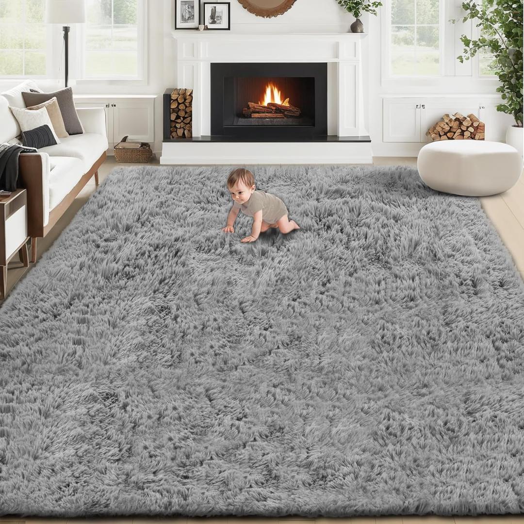 8x10 Area Rugs for Living Room: Fluffy Shag Soft Washable Rug Large Fuzzy Plush Indoor Carpet for Bedroom Nursery Playroom Kids Girls Boys Room (Grey, 8'x10')