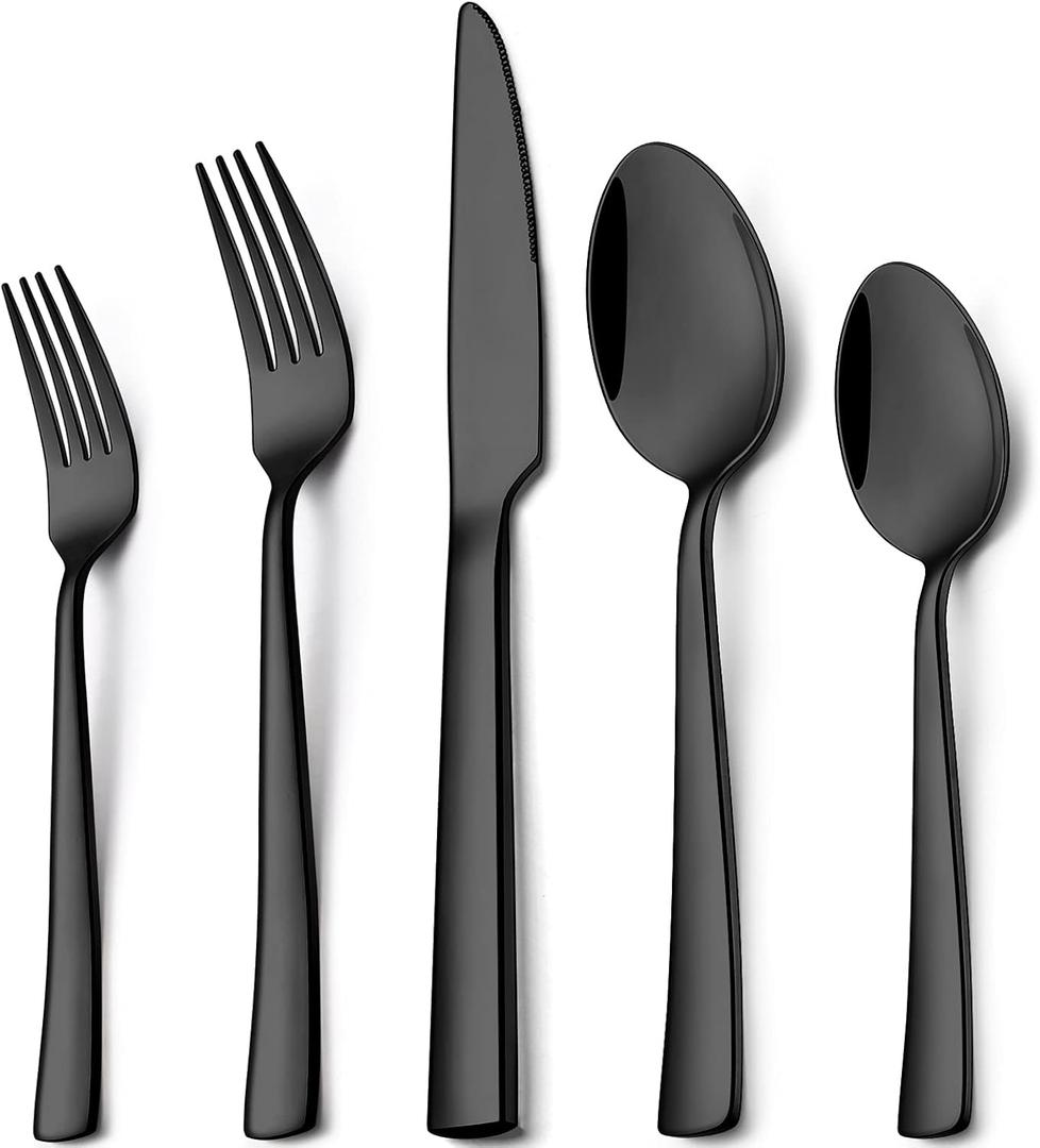 Wildone 60-Piece Black Silverware Set, Stainless Steel Flatware Square Cutlery Set Service for 12, Eating Utensils Include Knife Fork Spoon, Mirror Polished & Dishwasher Safe