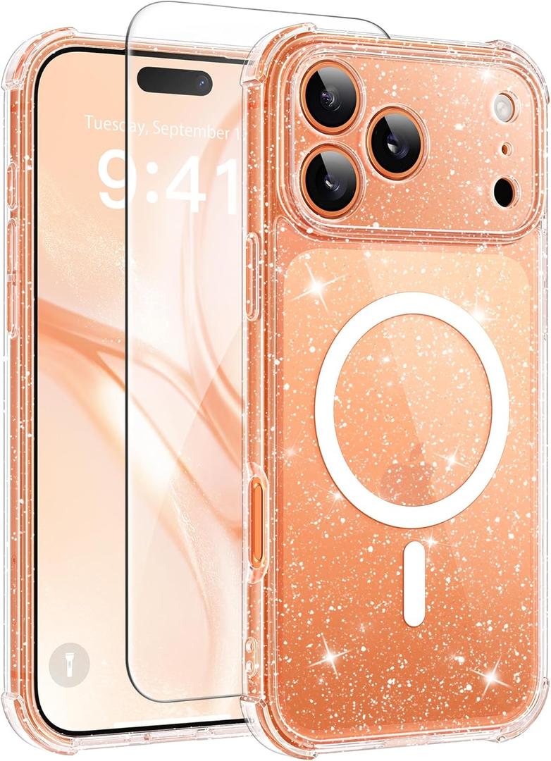 BERFY for iPhone 17 Pro Case for Women, Compatible with MagSafe, Clear Glitter Shockproof Protective Case, Anti-Yellowing, with Screen Protector & 3 Diamond Camera Lens Covers 6.3", Sparkle Clear