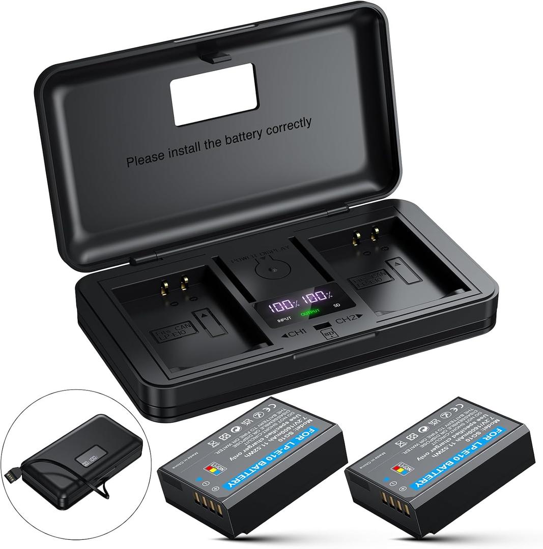 LP-E10 Battery 2-Pack 1600mAh and Digital Display Dual USB Charger for Canon LP E10,EOS Rebel T7 T6 T5 T3 T100,Kiss X50 X70 X80 X90,EOS 1100D 1200D 1300D 1500D 2000D 3000D 4000D Digital Cameras