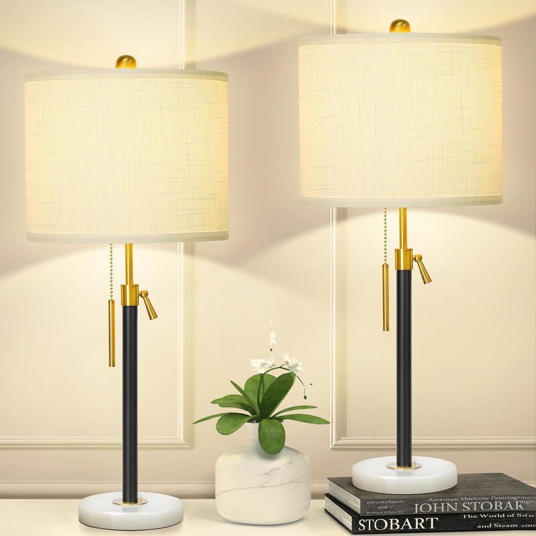 Black and Gold Table Lamps Set of 2: 22" to 30" Height Adjustable Nightstand Lamps with White Linen Shade | Pull Chain Switch | Marble Base - 3 Way Dimmable Beside Lamp for Bedrooms Living Room