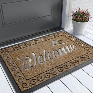 Yimobra Welcome Mat, Heavy Duty Sturdy Door Mats for Home Entrance Outdoor Indoor, Front Doormat for Outside Patio Floor Entry Porch Garage Office, Waterproof, Low Profile, 29.5 x 17, Beige Brown 
