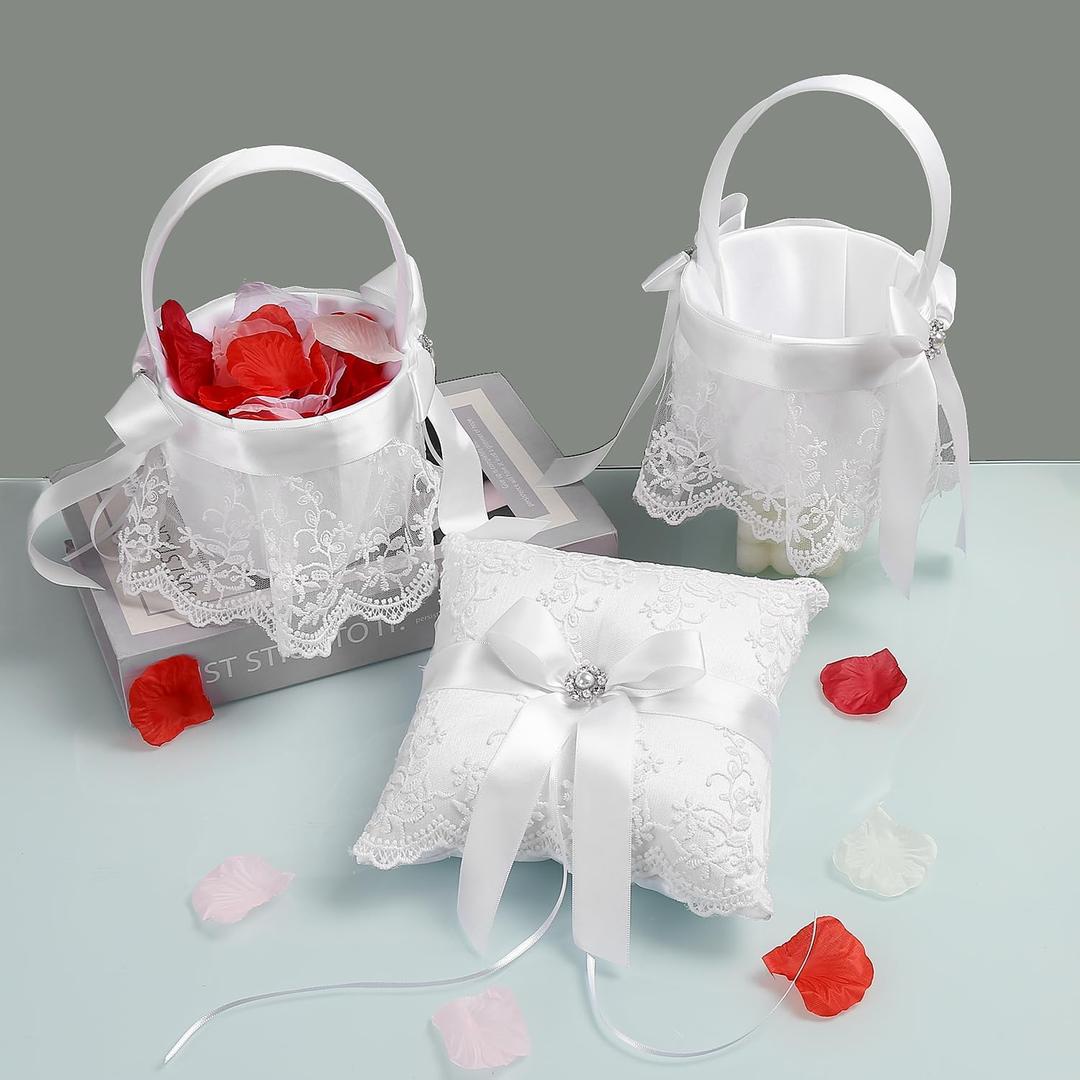 TRUE LOVE GIFT 2 Flower Girl Baskets and Ring Bearer Pillow Set with 500 pcs Silk Rose Petals for Weddings, Set of 4