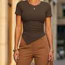 ZESICA Asymmetrical Ruched Tops for Women 2026 Summer Casual Short Sleeve Slim Fit Y2K Going Out Shirts (S)