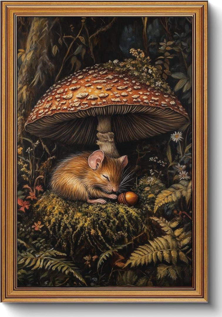 CHMMART Vintage Gold Framed Wall Art Forest Mushroom Canvas Art Prints Whimsical Mouse Animal Pictures Wall Decor Cottagecore Botanical Paintings Artwork for Living Room Bedroom 16x24in