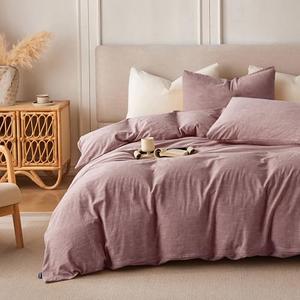 BFS HOME Linen Duvet Cover Queen Size - Soft Breathable Cotton Linen Blend, 3-Pieces Bedding Set with 2 Pillowcases, Stonewashed Texture, Burgundy, All-Season Comfort, Burgundy