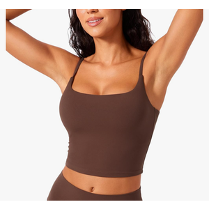 CRZ YOGA Butterlift Womens Scoop Neck Longline Sports Bra - U Back Adjustable Straps Workout Crop Tank Top with Built in Pads S, Brown