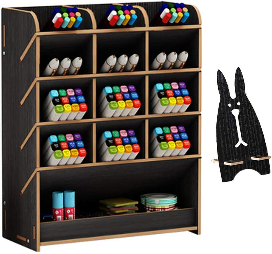 Marbrasse Wooden Pen Organizer, Multi-Functional DIY Pen Holder Box, Desktop Stationary, Easy Assembly, Home Office Art Supplies Organizer Storage with Drawer (B12-Black)