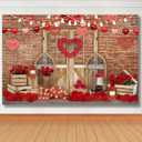 Lofaris Valentine's Day Party Backdrop for Photography Rustic Wood Door Brick Wall Red Heart Mother's Day Background Birthday Baby Shower Portrait Photo Booth Props 9x6ft