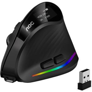 AOC 2.4GHz Ergonomic Mouse, Wireless Bluetooth Vertical Mouse for Work, 4800 DPI Optical Tracking, 5 Adjustable DPI, Quiet Clicks, RGB Light, Compatible with Computer, Laptop, PC, Mac, Desktop - Black