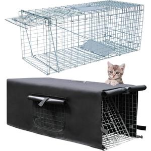 Live Animal Cat Trap Cage with Cover, Cat Traps for Stray Cats, Raccoon, Rabbit, Skunks, Feral Cats, Squirrels, Mouse, with Real Door Folding (32 x10 x12 Inches)