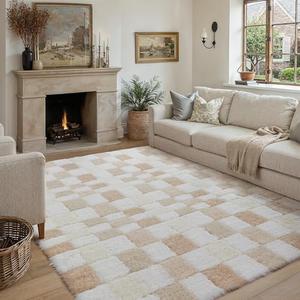 WondRg 8x10 Checkered Area Rug Beige Fluffy Shag Living Room Throw Carpet Washable Non-Slip Soft Pile Fuzzy Large Rug for Bedroom Dorm Bathroom Dining Room Home Aesthetic Decor
