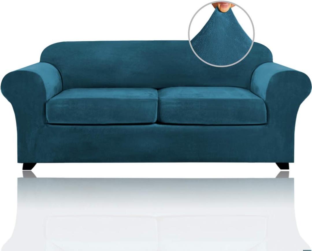 PrinceDeco Couch Cover Velvet Plush Sofa Covers for 2 Cushion Couch Width Up to 90 Inch Washable Furniture Protector Pet Friendly No Slip Sofa Slipcover(Medium-Large, Deep Teal)