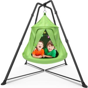 X-Shaped Swing Set, Swing Stand Frame with Tent Swing Chair/Sensory Swing, Hammock Chair with Stand for Kids and Adults, 330 lbs Capacity, w/Rainbow Lights String (Green)