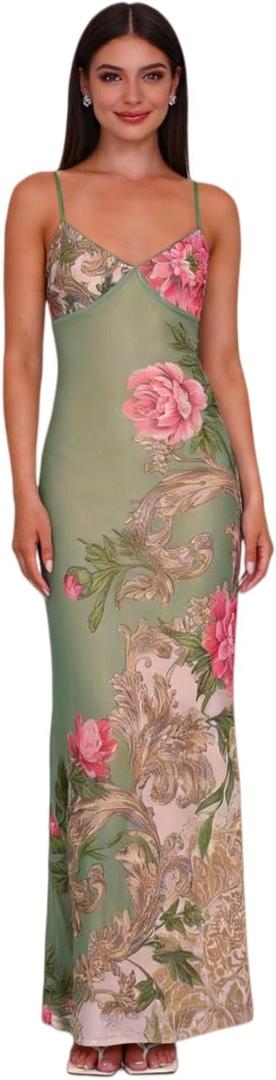 ZGMYC Women's Sleeveless Floral Printed Maxi Dress Sexy V Neck Spaghetti Strap Bodycon Long Dress Beach Party Dress Green