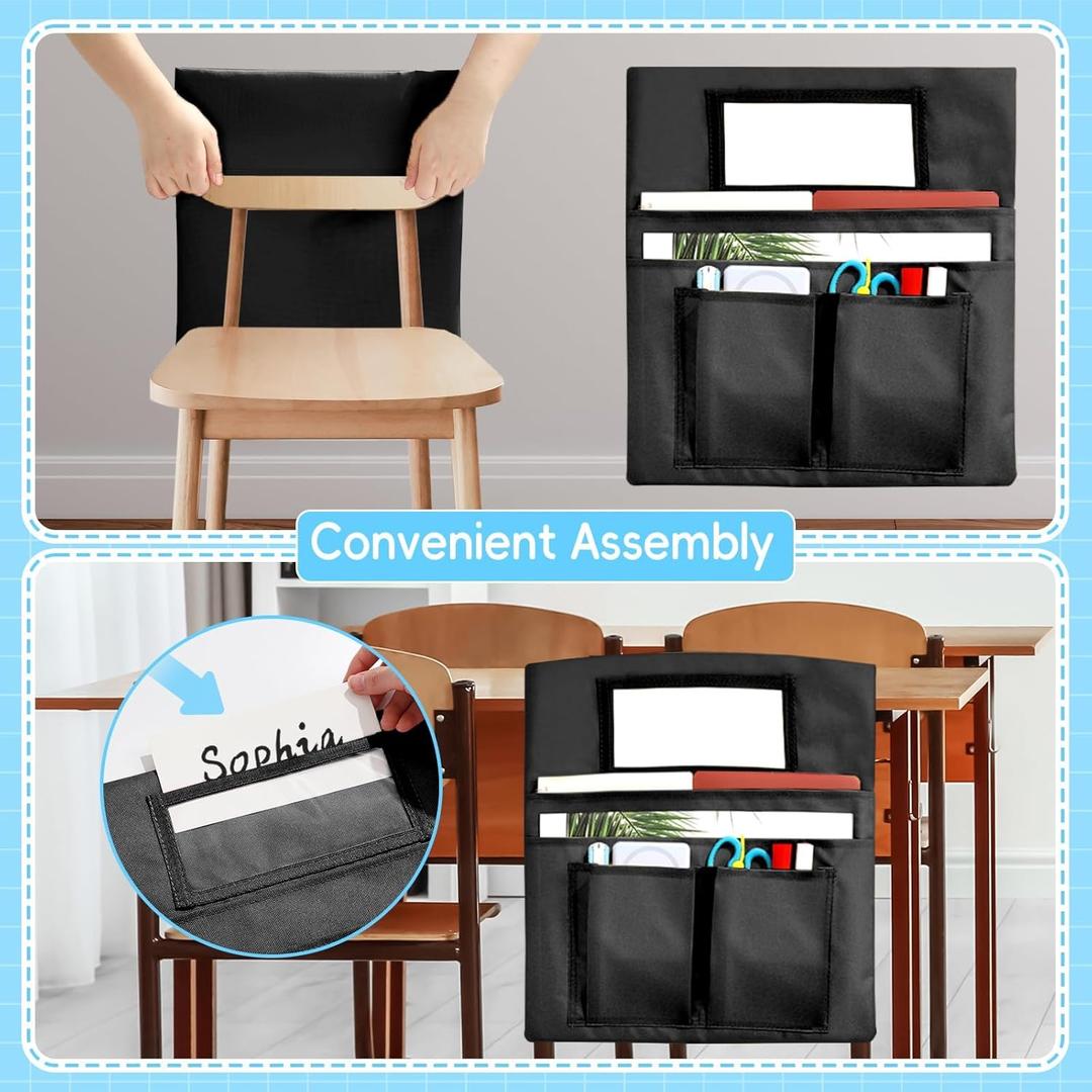 24 Pcs Chair Pockets for Classroom 13 x 14 inch Seat Sacks with Name Tag for Classroom Chairback Pocket Chart Multi Pockets K-2 Chairs Seat Back Organizer for Elementary School Home Supplies(Black)
