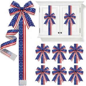 AnyDesign 6Pcs Patriotic Cabinet Bows 4th of July Kitchen Window Decor American Flag Star Striped Ribbon Bow with Hook & Loop Closure for 250th Anniversary Independence Day Memorial Day Party Supplies