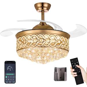 Crystal Fandelier Ceiling Fan with Light and Remote Dimmable 500-6500K Retractable Blades Chandelier Ceiling Fan with Memory Function Modern Ceiling Fans with Lights for Bedroom 42 Inch Gold