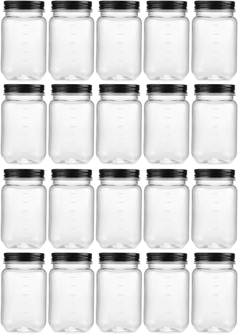 novelinks 16 oz Clear Plastic Jars with Lids, Refillable 16oz Mason Jars with Lids & Storage Containers for Kitchen & Household Use (20 Pack,Black)
