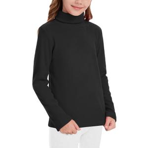 QBK Girls' Long Sleeve Fleece Turtleneck T-Shirt Kids Basic High Neck Casual Trendy Soft Base Layer Tee Tops(10 Years) (Black)