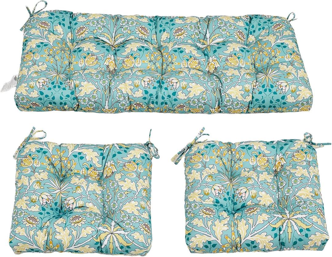 ADLIVWYD 3-Pieces Wicker Chair Cushion Set, 1 loveseat and 2 U-Shape, 44"x19" &19"x19" Tufted Outdoor Cushions for Indoor/Outdoor Patio Furniture (Teal Floral), 44x19x5 inches