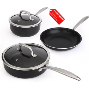 PRAMEDIA 5PC Induction Cookware Set with Tempered Glass Lids, Ultra Nonstick Pots and Pans Set with Stainless Steel Handle, Oven Safe and Dishwasher Safe, Non Toxic & Granite Cooking Set, Black