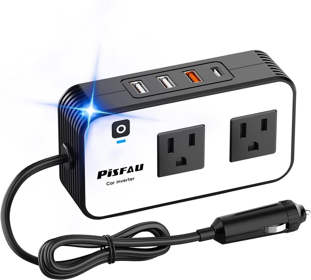 200W Car Power Inverter, PiSFAU DC 12V to 110V AC Car Plug Adapter Outlet with [20W USB-C] / USB-Fast Charger(18W) / 4.8A Dual USB/ car Charger for Laptop