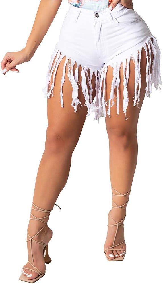 PINSV Women's Denim Shorts Summer High Waisted Frayed Raw Hem Ripped Tassels Sexy Short Pants Jeans (XX-Large, White)