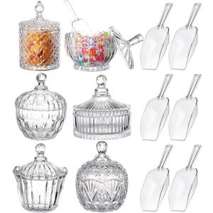 6 Sets Glass Apothecary Jars with Lids and Scoops Clear Candy Jars for Buffets Candy Display Containers Bath Salt Container Cookie Crafts Bathroom Kitchen Storage (European)