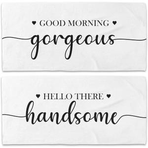 Couple Good Morning Gorgeous Hello There Handsome Beach Towel Set of 2, Honeymoon Wedding Valentines Beach Towels Gifts for Bride Groom, His and Hers Beach Towels Decor for Bathroom 30x60in (White)