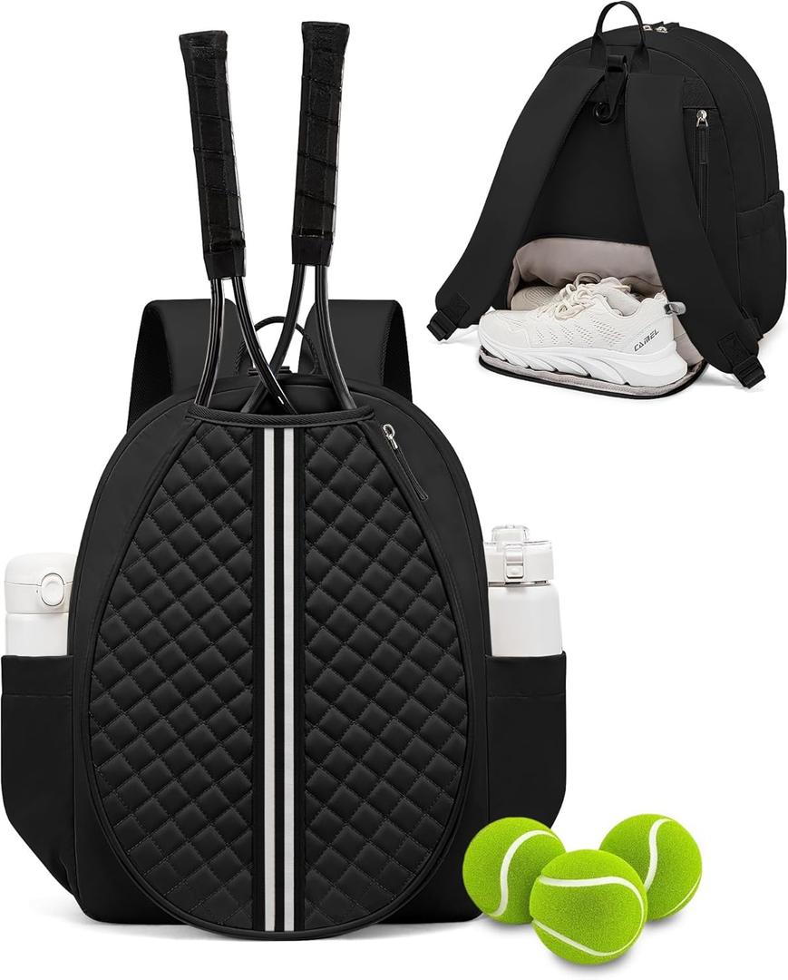 Sucipi Tennis Bag, Quilted Tennis Sling Crossbody Backpack, Water Resistant Tennis Racket Bags for Women Men, Suitable for Pickleball Tennis Badminton (Large, Black)