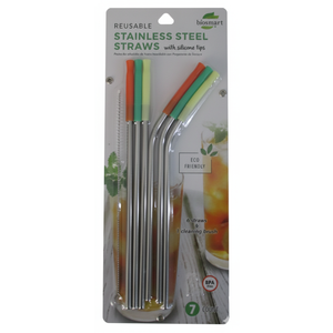BIOSMART Reusable Stainless Steel Straw Set w/ Silicone Tips & 1 Cleaning Brush
