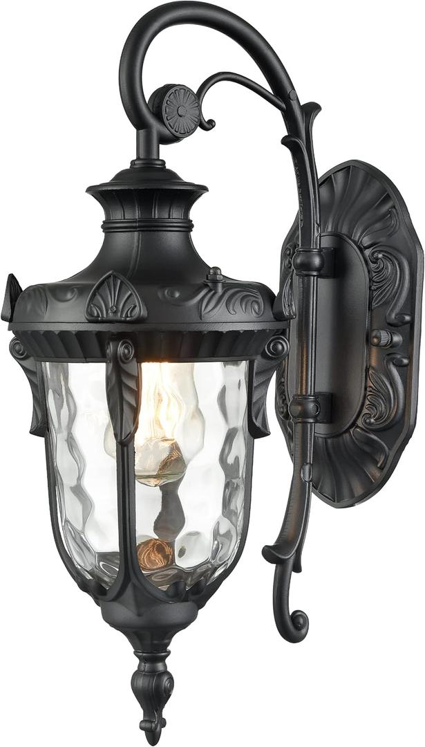 SAMTEEN Black Outdoor Wall Light Fixtures Modern Farmhouse 1-Light Outdoor Wall Sconce with Hammered Glass Wall Lantern Light for Porch Garage Courtyard, 16-Inch