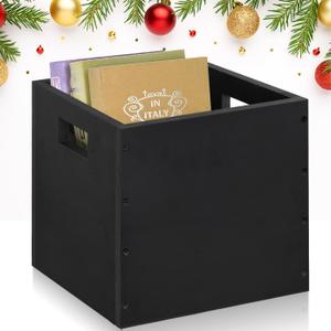 Wood Decorative Storage Cube Boxes with Handles, Rustic Black Large Storage Baskets For Shelves, Stackable Cube Containers Organizing Bins for Toy, Clothes, Books, Office, 11 x 11 x 11