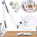 10X Magnifying Glass with Light and Stand, NUEYiO 2200 Lumens Stepless Dimming LED Magnifier Lamp, Adjustable Swing Long Arm Magnifying Light, Hands Free Craft Lamp for Projects Soldering Workbench (White)