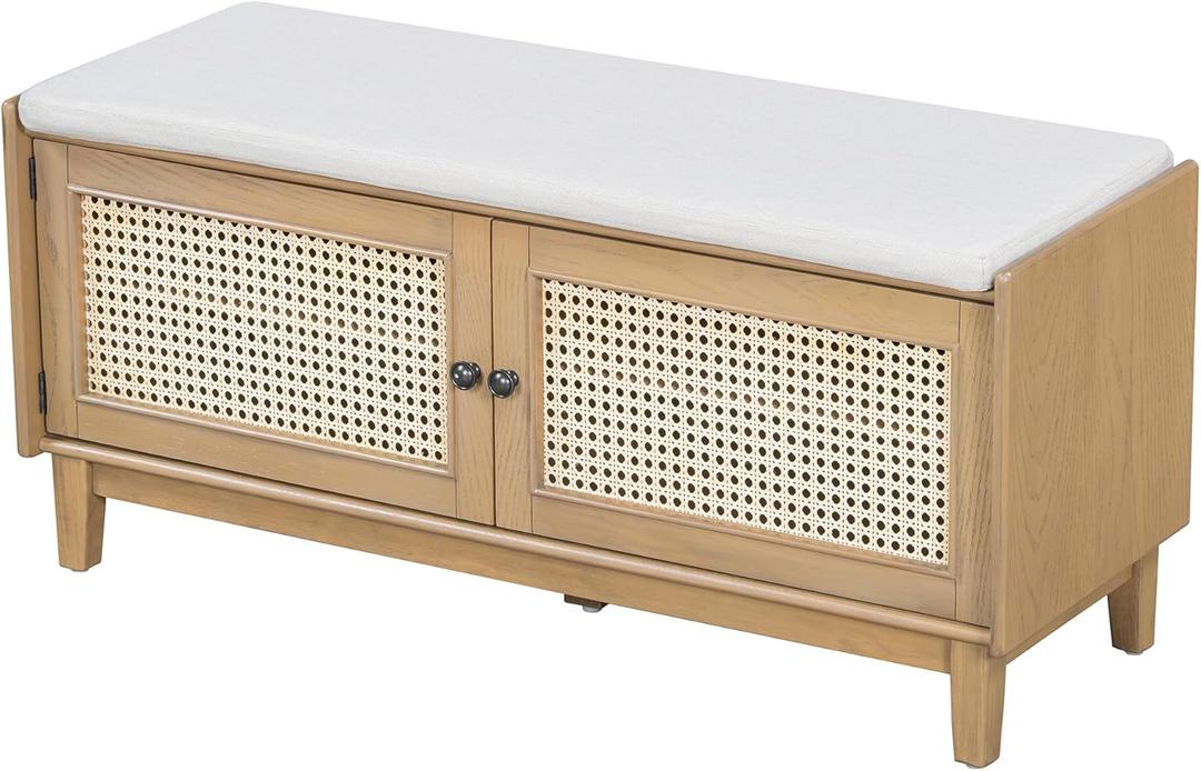 Amposei Boho Rustic Rattan Storage Bench 43 Wooden Entryway Shoe Organizer Bench with Cushion for Living Room Hallway Entrance, Brown